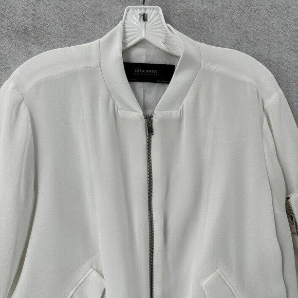 Zara Basic Track Jacket‎ Womens SMALL White Satin Zip Up Windbreaker Dressy - Picture 3 of 15